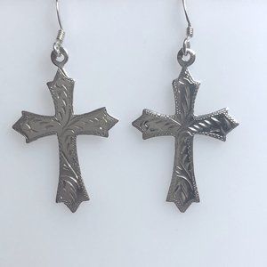 Lightweight Sterling Silver Engraved Cross Wire Earrings